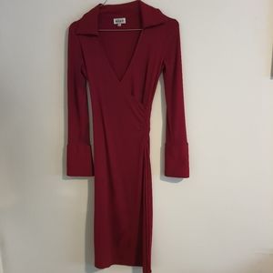Red side ruched adjustable long sleeve dress